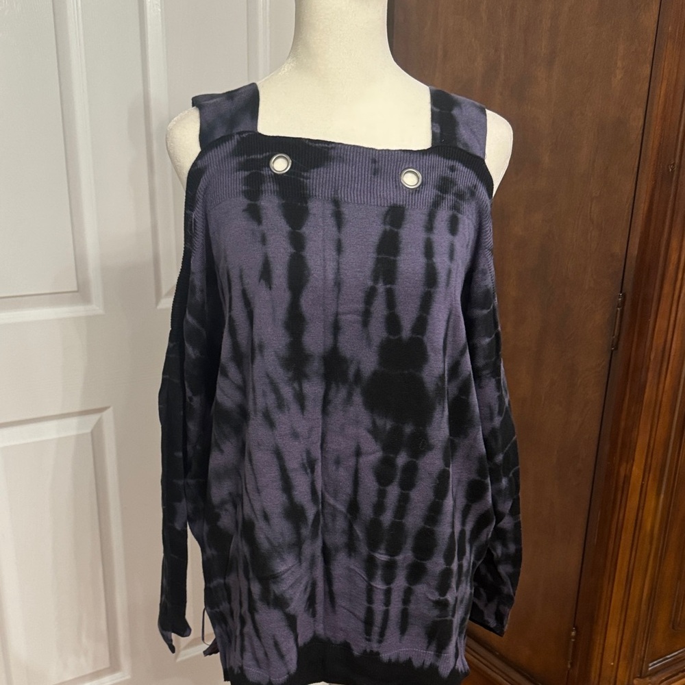 Purple and Black Cold Shoulder Tie-Dye Sweater
